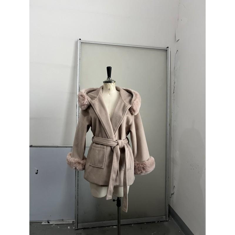 Womens Winter Hooded Wrap Coat Short Wool Blend Oversized Outerwear In Gray Khaki