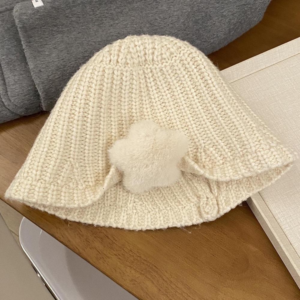 Korean Cute Plush Star Knitted Bucket Hat Female Autumn And Winter Big Head Circumference Shows Small Face Sweet Versatile Basin Hat Tide