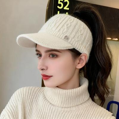 Fashion Double Layer Ponytail Beanie Winter Hat for Ski Warm Knit Cap Women Outdoor Sports Warm Hat