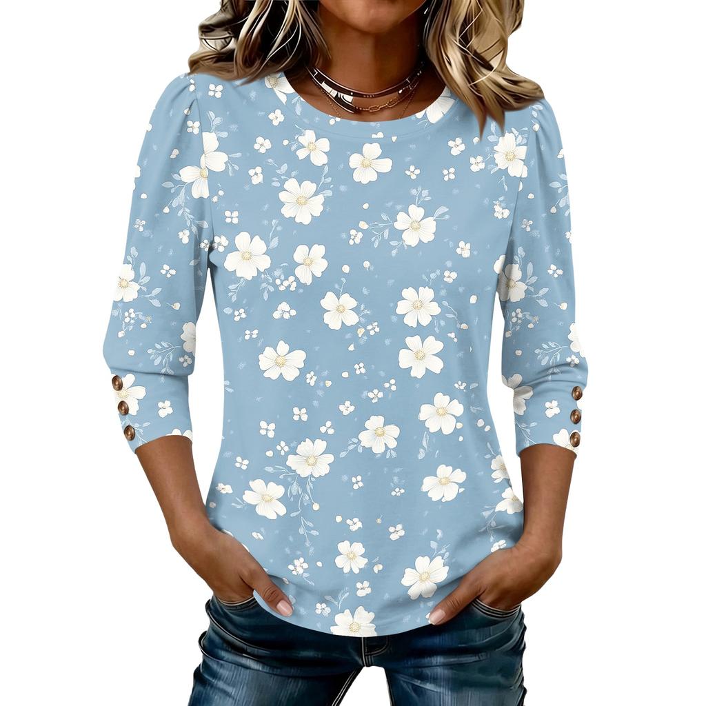 Women's Fashion Three-Quarter Sleeve Crewneck T-Shirt Casual Top for Everyday Wear