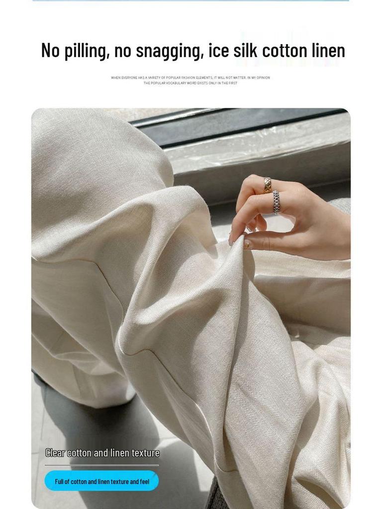 Ice Silk Cotton Linen High-Waisted Wide-Leg Pants for Women – Summer 2026 Drapey, Straight-Leg Casual Suit Style