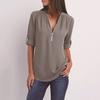 Plus Size Women Solid Color Loose Zipper V Neck Long Sleeve Chiffon Blouse Shirt