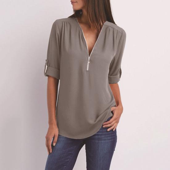 Plus Size Women Solid Color Loose Zipper V Neck Long Sleeve Chiffon Blouse Shirt