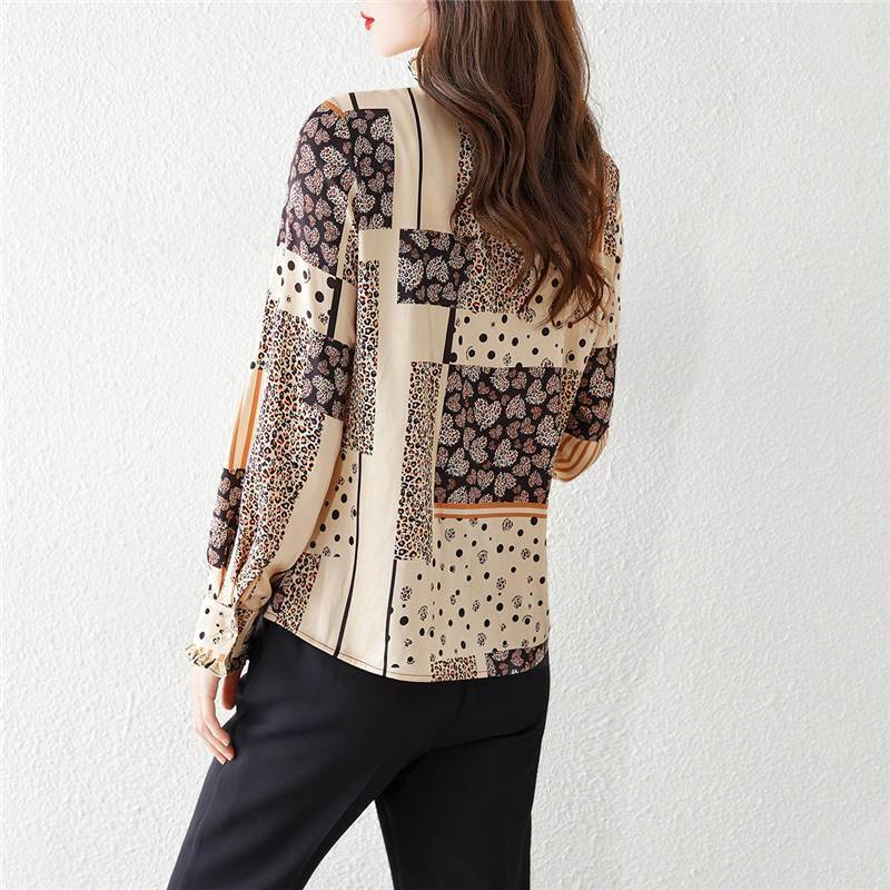 Splicing Printed Shirt Women's Long Sleeved Lace Up Ruffle Edge Shirt Casual Versatile Top