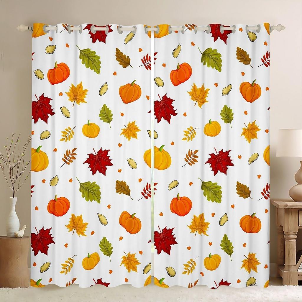 Herbst Kürbis Gardinen Vorhänge Halloween Thema Vorhänge Schlafzimmer Wohnzimmer Ahornblätter Festival Fensterdekorationen Polyester Waschbar Sitzfertig