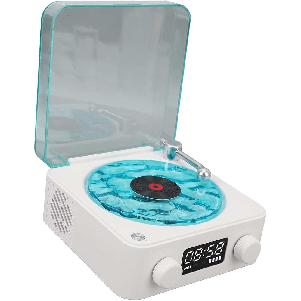 Generic Record Player Speaker with Weather and Battery Display, Portable for Living Room (White)