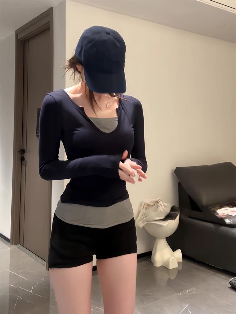 

Women s Retro Color Block Two-Piece Long Sleeve T-Shirt: Slim Fit, Spring/Autumn Fashion Medium темно-синий