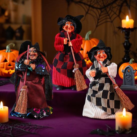 Halloween Witch Ornaments Spooky Witches Figures with Broomsticks Desktop Statue for Haunted House Party Decor