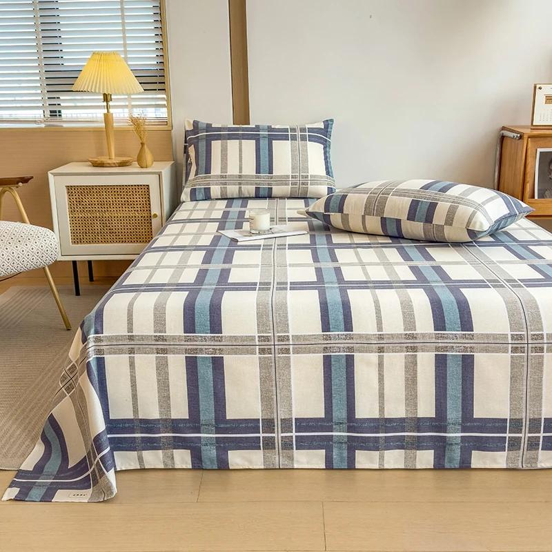 Geometric Plaid Pattern Bed Sheet Set Simple Grid Flat Sheet 100% Cotton Bedding Breathable Durable Sheets with 2 Pillowcases