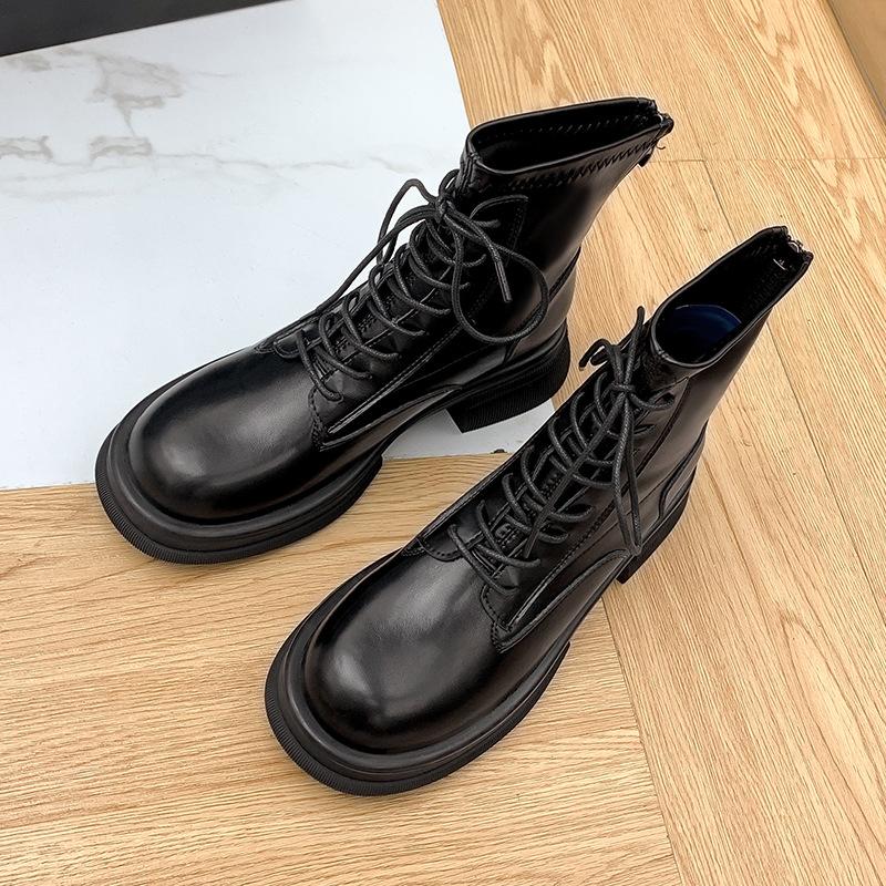 thick-soled Martin boots short boots women's leather spring and autumn single boots British style college lace-up elasticity increases and looks thin