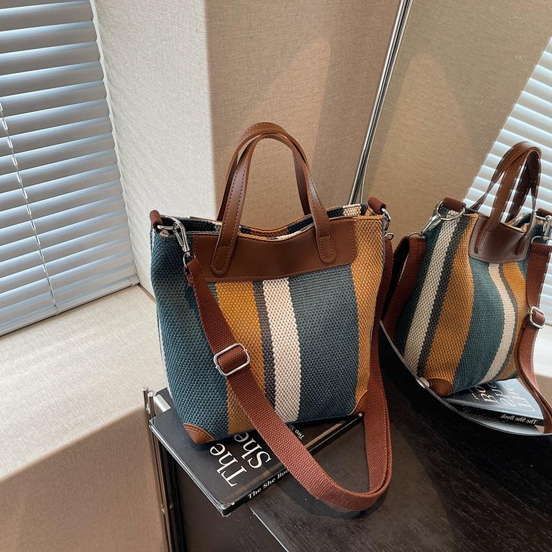 Large-capacity Contrasting Striped Canvas Bag, Women's 2025 Summer New Fashion and Leisure, Foreign Style Messenger Bucket Bag