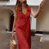 Einreihiges Kleid Sommer Damen Revers V-Ausschnitt Hemd Ärmellos Midi Taschen Einfarbig Streetwear
