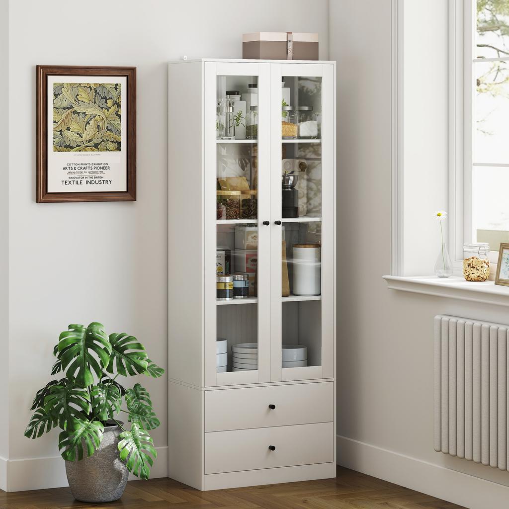 Credenza da cucina con armadietto e 2 cassetti, ante in vetro e ripiani regolabili, 59x30x164 cm, Bianco