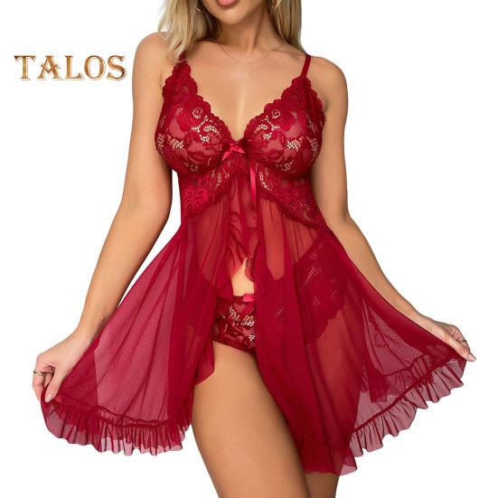 

2 шт./компл. ночная рубашка, комплект трусов, ажурные кружевные трусы с v-образным вырезом на тонких бретельках, прозрачная сетка с рюшами и бантом, комплект трусов с высокой талией XXL вино красного