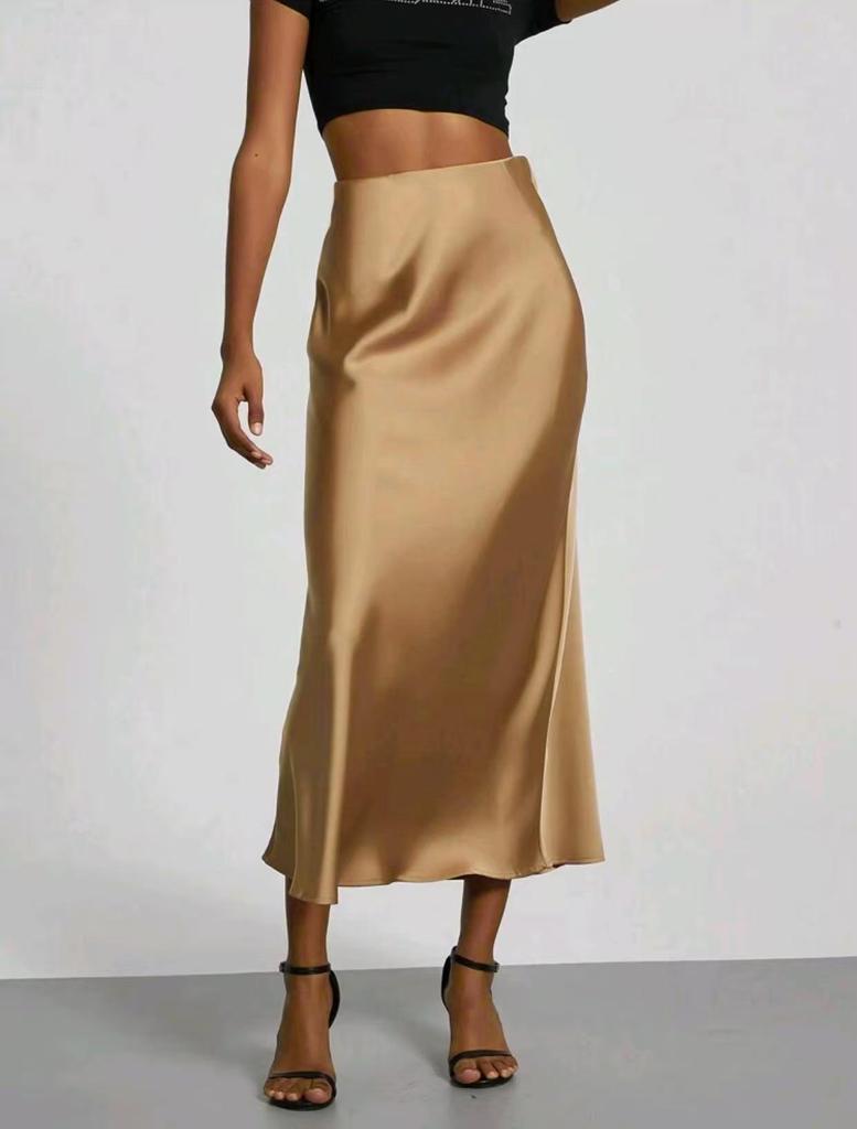 Elegant Satin Midi Skirt - Slim Fit, European Style