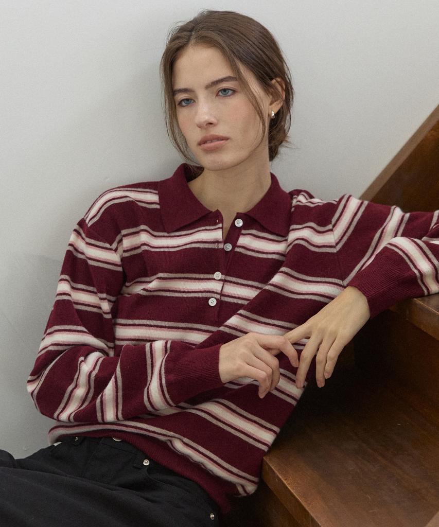 OURHOPE Multi-Stripe Collared Knit - Burgundy