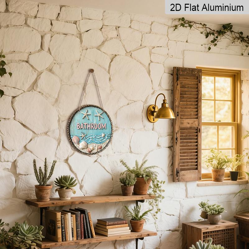 2D Flat, 1pc Round Aluminum Coastal Bathroom Metal Sign, Nautical Starfish & Seashell Beach Wall Plaque, Distressed Blue Wood Effect, Waterproof