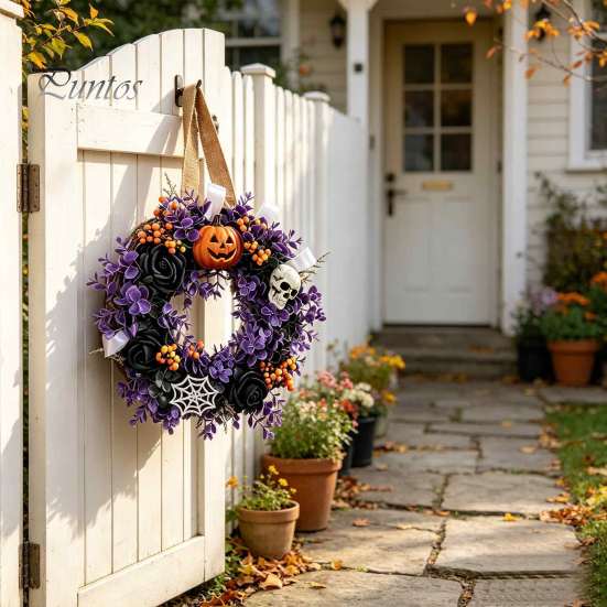 Halloween Window Decoration Wreaths for Front Door, Skull Pumpkin Wreath with Berries, Black Spooky Bat Cabin Party Props Roses, Purple Leaves Doors,