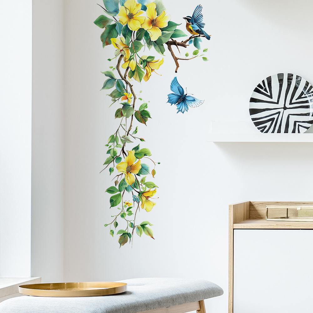 Yellow Flower Blue Butterfly Bird Wall Stickers Cute Refrigerator Window Cupboard Home Room Decorations DIY Decals Art Mural