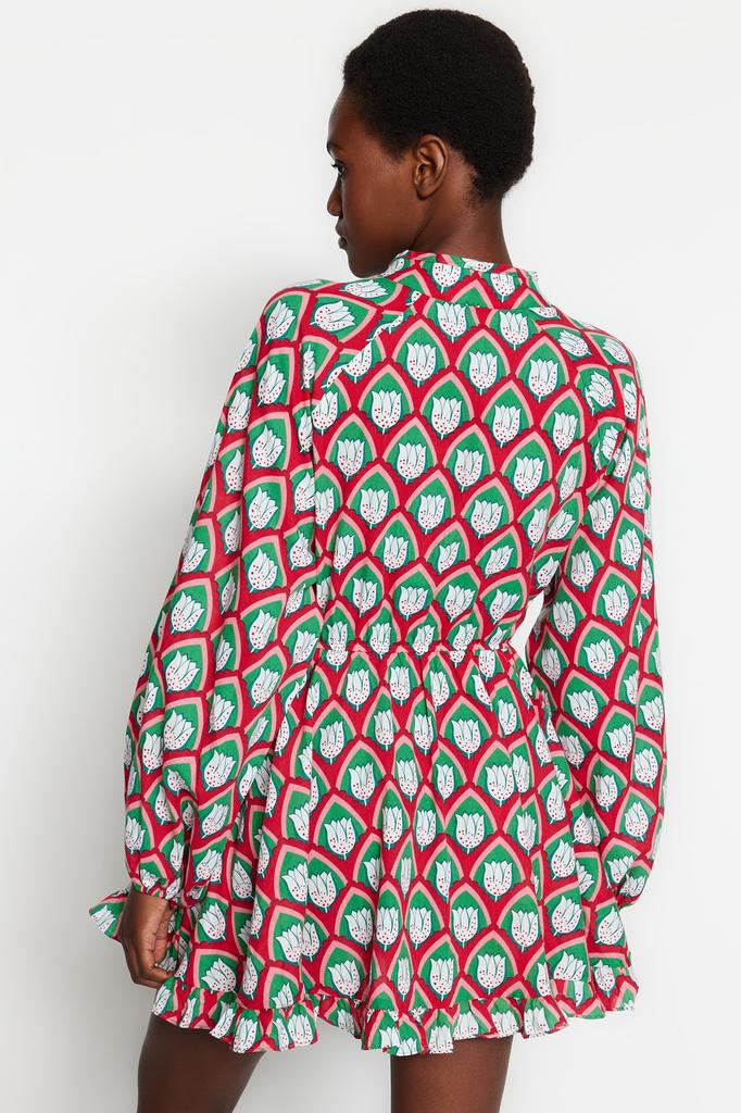 Women's Dress New Season Fashion Geometric Patterned Mini Woven Balloon Sleeve 100% Cotton Beach Dress