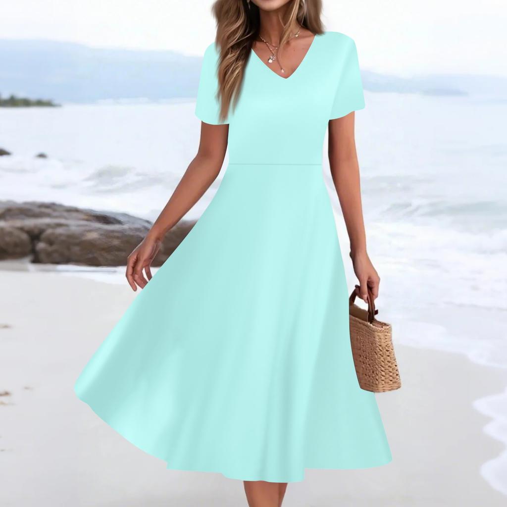 Dámské letní ležérní módní potištěné kapsy s krátkým rukávem V-výstřih volné šaty