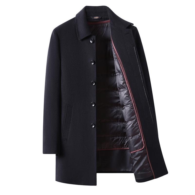 Men's Mid-Length Wool Coat with Detachable Down Liner, Business Lapel Style