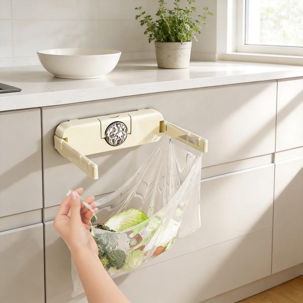 Plastic Trash Bag Holder Wall Mount With Foldable Design For Kitchen And Bathroom Storage