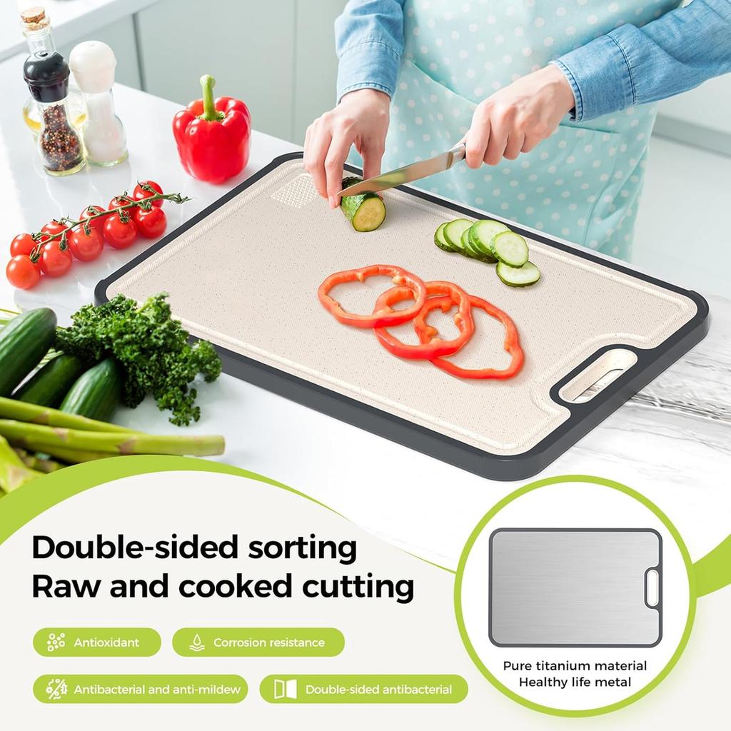 Double Sided Food Grade Pure Titanium Cutting Board for Kitchen Wheat Straw PP Chopping Boards for Meat Vegetables Fruits Cheese
