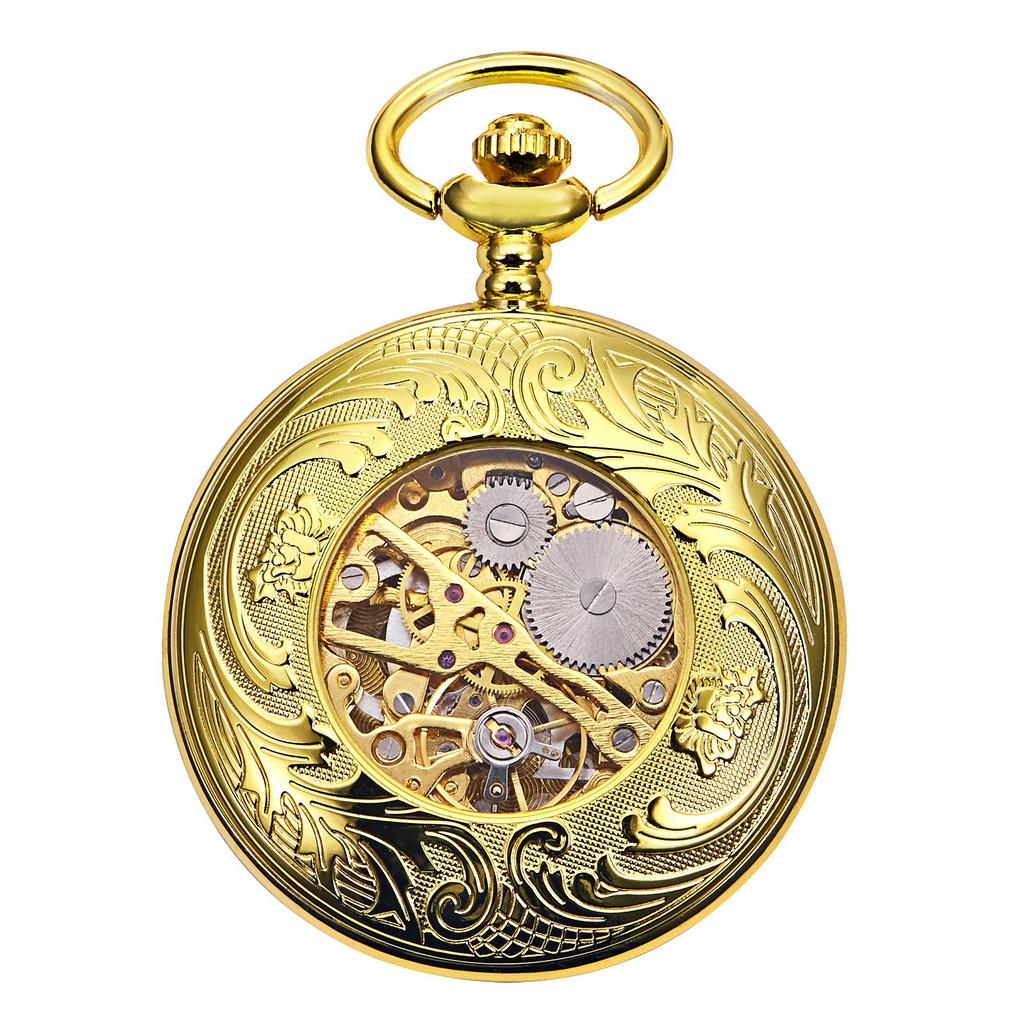 TREEWETO Mechanical Hand-Wind Pocket Watch Roman Numerals Skeleton Gold with Chain