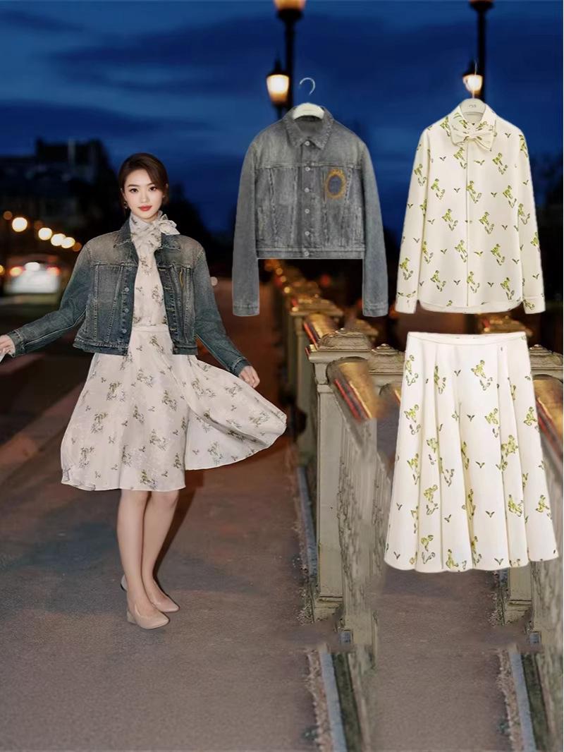 Wang Churan French Pastoral Bow Collar Shirt & Skirt Spring Set S