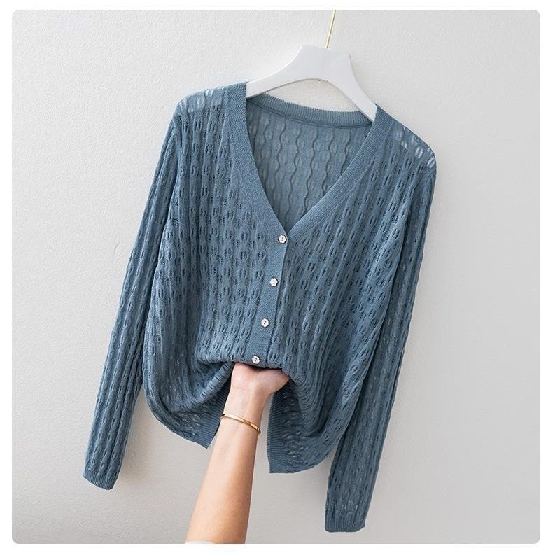 Cardigan tricotat din mătase de gheață exterioară cu decolteu în V Cămașă cu protecție solară largi, mărime mare, cu tăietură subțire Top cu șal gol