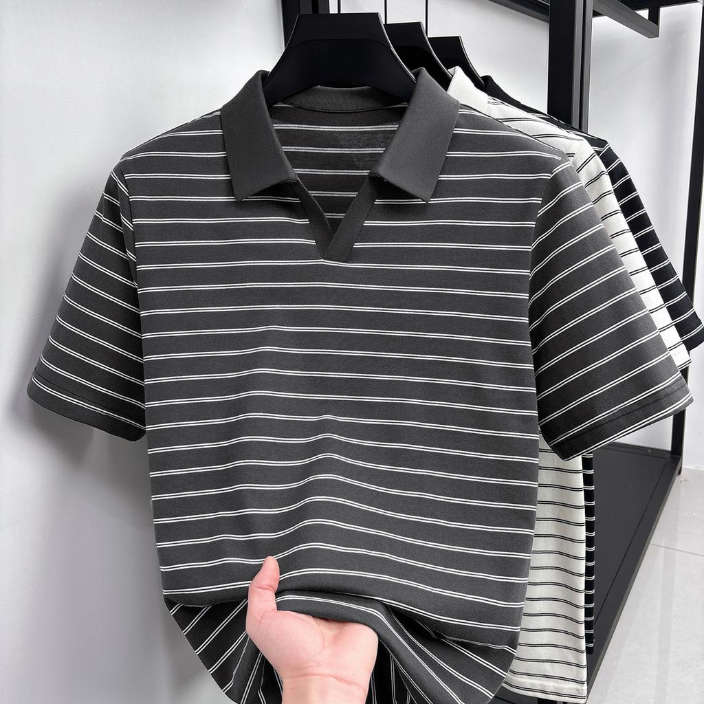 [Clean and Elegant] Skin Friendly and Breathable Men's Striped Collar Short Sleeved Top