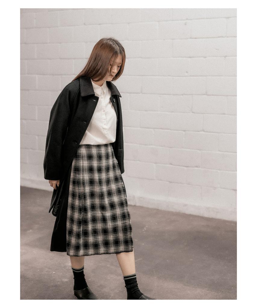 Cotton Bell Check Overlap Skirt - Black Check