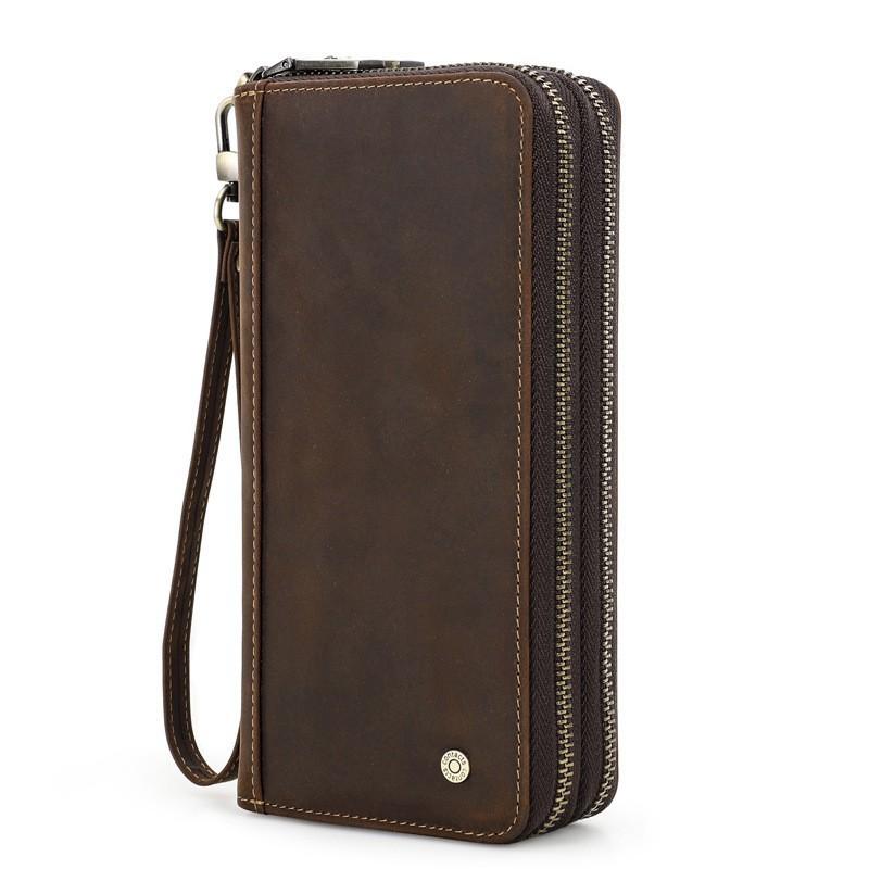 Retro Crazy Horse Leather Men s Long Wallet With Double Zipper Wrist Strap Handbag 11x5x20