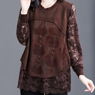 Autumn Solid Jacquard Weave Long Sleeve Sweaters Women Knitting Pullovers Lace Patchwork Casual Tops Jumpers