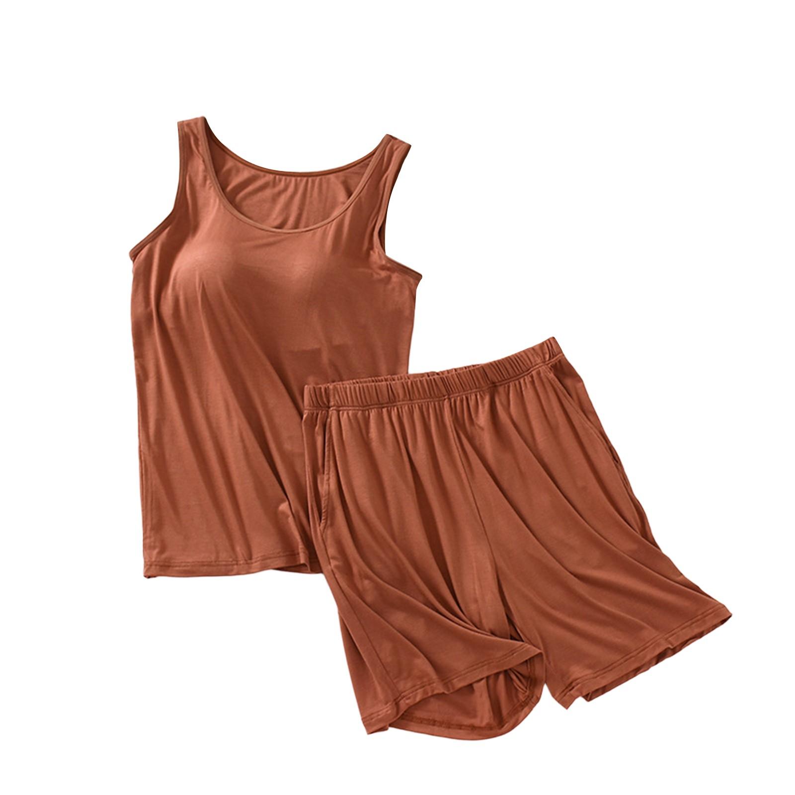 

Женский пижамный комплект с нагрудной подкладкой, однотонный жилет без рукавов, короткие штаны с разрезами, комплект из двух предметов XXL кофейный
