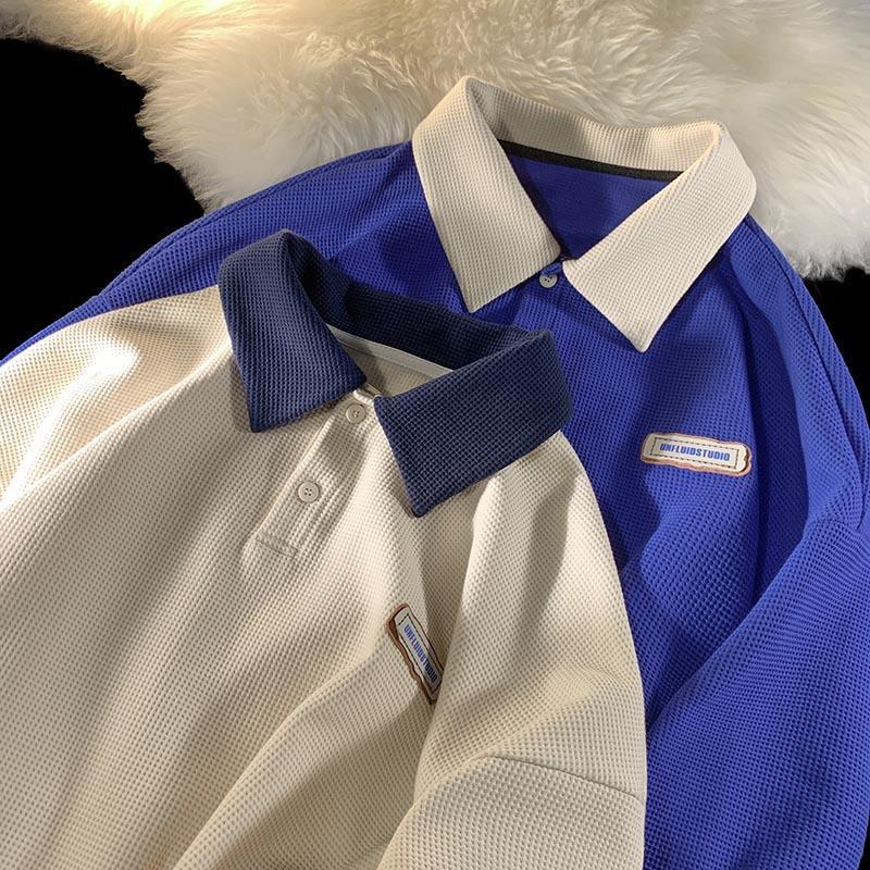 Men's Japanese Oversized Navy Blue Lapel Polo Shirt - Long-Sleeved, Lightweight Summer Sweater, Unisex Design