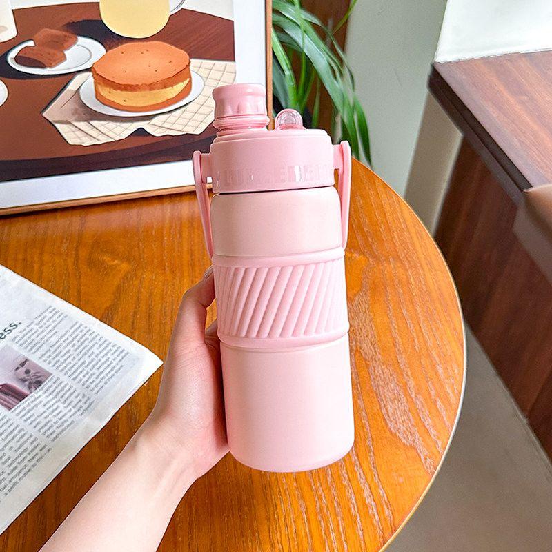 Simple Large-Capacity Thermos Cup for Students, Portable with Handle, Dual Drinking Cup, High-Looking, Unisex Fitness Straw Water Bottle