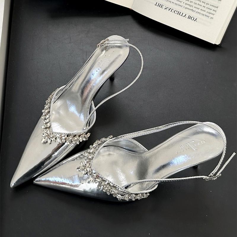 Fashion High Quality Patent Leather Rhinestone High Heels Women Sexy Pointed Toe Slingback Heeled Sandals Elegant Banquet Dress Shoes