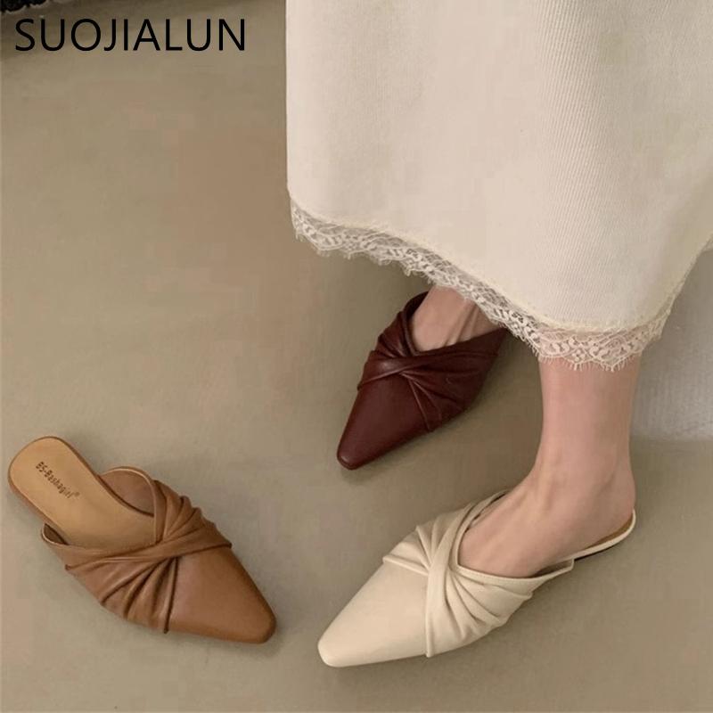 Fashion SUOJIALUN 2025 Spring New Women Slipper Fashiion Bow-knot Slip On Ladies Elegant Slip On Mules Shoes Soft Flat Heel Dress Sandal