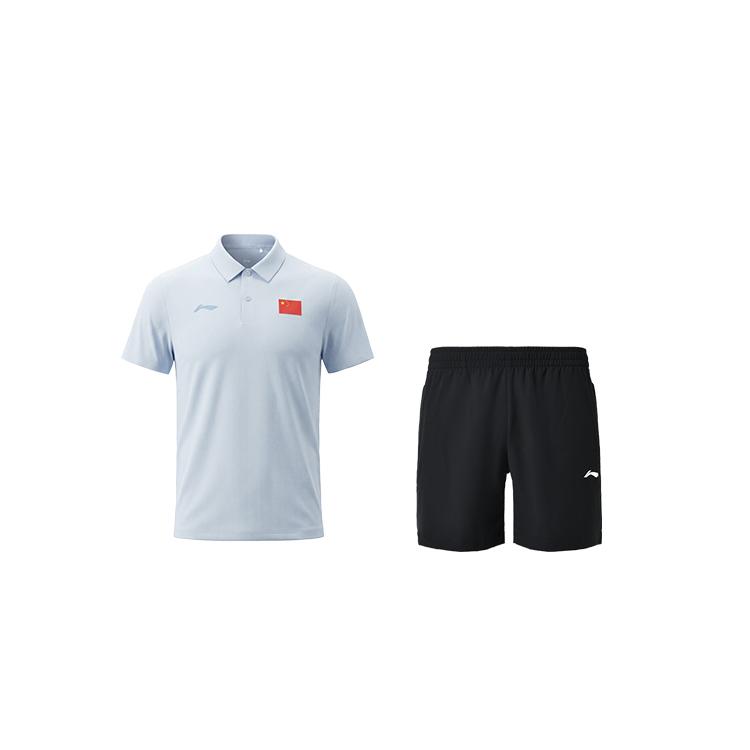 Li Ning Флаг Нации Простой Высокоэластичный Влагоотводящий Универсальный Спортивный Фитнес Поло с Коротким Рукавом Комплект Шорт Унисекс наборы APLW071-2+AKSU789-3 S