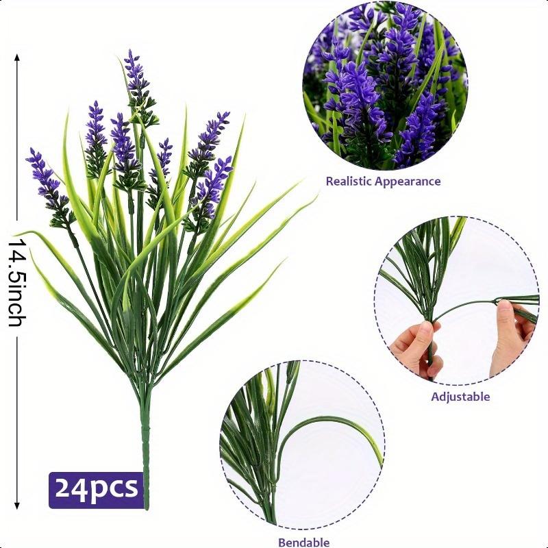 10pcs Bundles Artificial Lavender & Monkey Grass Flowers - UV-Resistant Plastic Outdoor/Indoor Faux Plants, 14.5" Realistic Stem