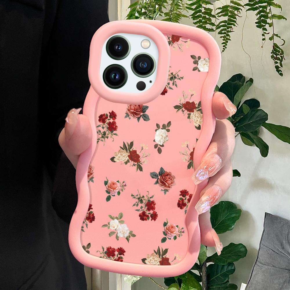 Red White Roses Pattern Soft Phone Cover for iPhone 11 12 13 14 15 Pro Max 6 6S 7 8 Plus Xs Wave Edge Shockproof Protective Rubber Case