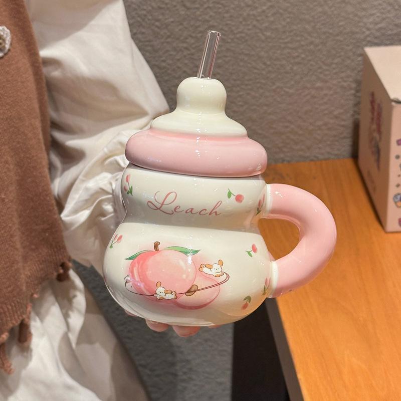 Super cute strawberry straw drinking cup for girls' birthday cup ceramic mug with lid girlfriend souvenir gift