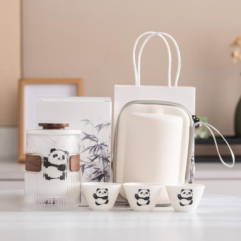 

Panda merchandise suet jade porcelain travel tea set outdoor portable Sichuan scenic spot business commemorative gift
