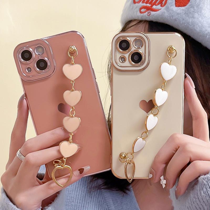 Luxury Plating Love Heart Wrist Bracelet Phone Case For iPhone 15 14 13 12 11 Pro Max X XR XS 7 8 Plus SE Soft Cover With Chain