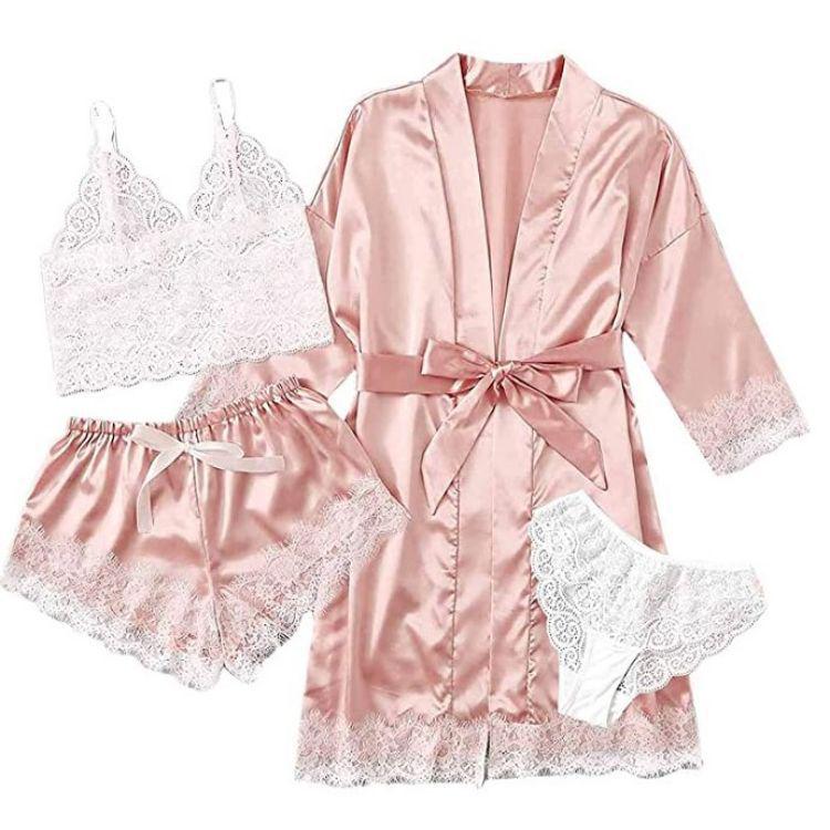 European & American Lace Satin Women's 4-Piece Pajama Set - Sexy, Seductive Nightgown & Robe