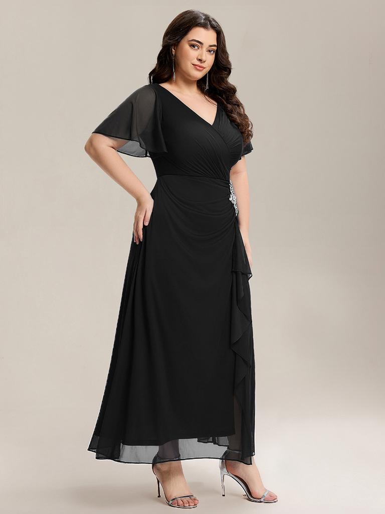 Ever-Pretty Women's Plus Size Formal Dress Short Sleeve Ruffled Deep-V Neck Chiffon Slit Mother of the Bride Dress with Rhinestone-Embellished