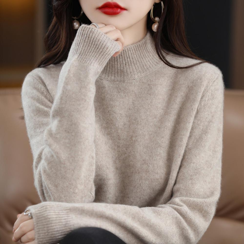 Autumn Winter Sweater Women Half High Neck Long Sleeve Top Loose Slim Versatile Pullover Knitwear Casual Knitted Jumper