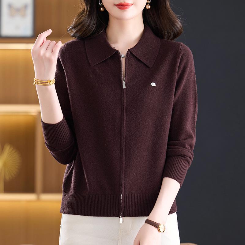 Women's Double Zipper Lapel Knit Cardigan - Spring Loose Fit Age-Reducing Sweater Jacket